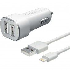 Зарядное устройство автомобильное Deppa Ultra MFI Apple Lightning, ток 2.4А, 2xUSB, белое (11291)