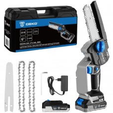 Пила цепная аккумуляторная бесщеточная Deko DKCHS 20V, 6", 20В, 2x2.2Ач, 2 шины и 3 цепи в кейсе 083-2014